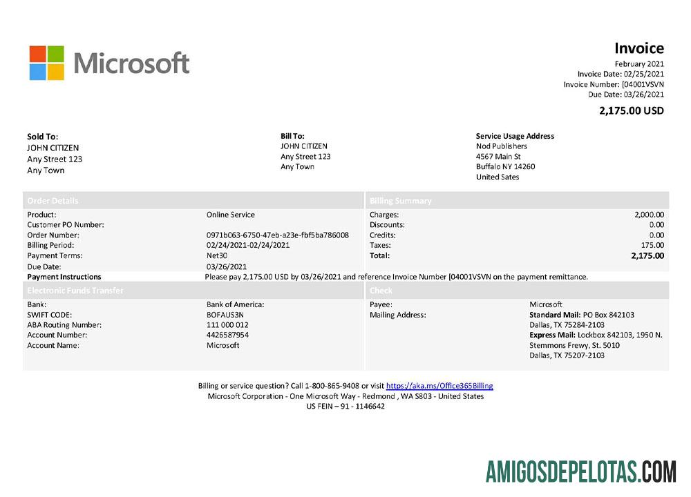 em branco Modelo de fatura da Microsoft nos EUA